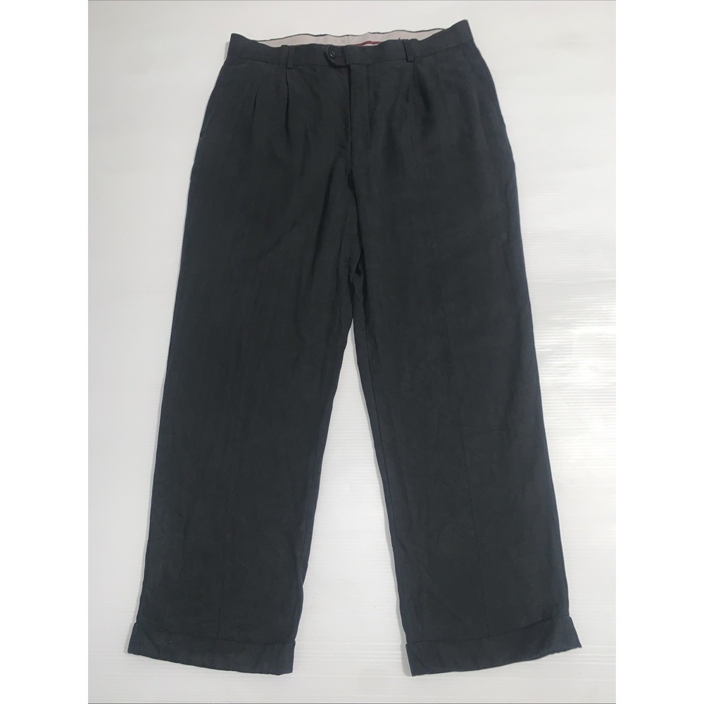 Louis Raphael Soft Pleated Dress Pants 100% Silk Black Herringbone Cuffed 36x30